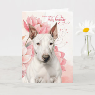 Bull Terrier Dog Pink Botanical Flowers Birthday Card