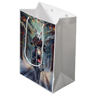 Bull Terrier Dog Riding Motorcycle Christmas Medium Gift Bag