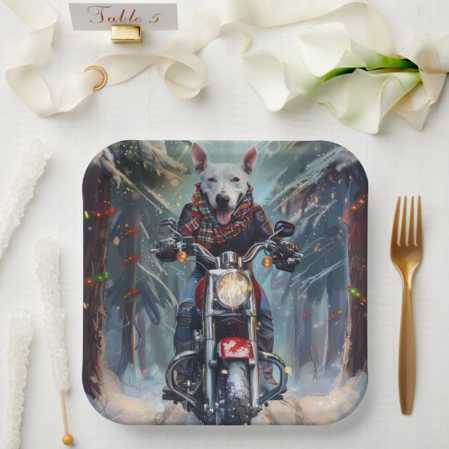 Bull Terrier Dog Riding Motorcycle Christmas Paper Plate (Wedding)