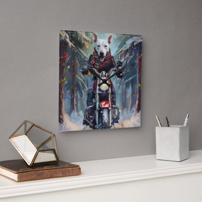 Bull Terrier Dog Riding Motorcycle Christmas Square Wall Clock (Office)