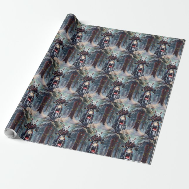 Bull Terrier Dog Riding Motorcycle Christmas Wrapping Paper (Unrolled)