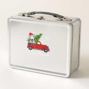 Bull Terrier Dog Riding Red Truck Christmas Decor Metal Lunch Box