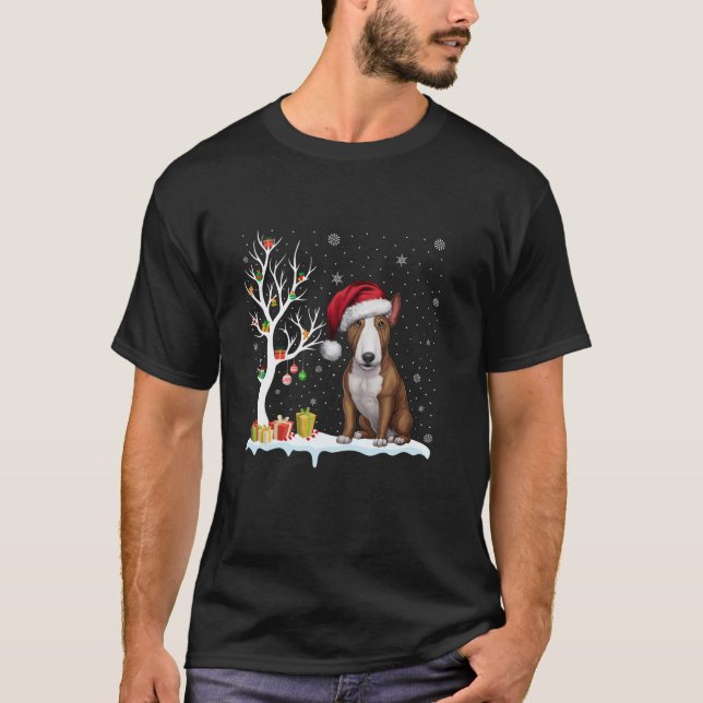 Bull Terrier Dog Santa Hat Festive Tree Light Xmas T-Shirt (Front)