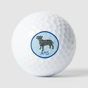 Bull Terrier Dog Silhouette Monogram Grid Blue Golf Balls
