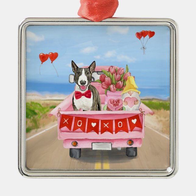 Bull Terrier Dog Valentine's Day Truck Hearts Metal Tree Decoration (Front)