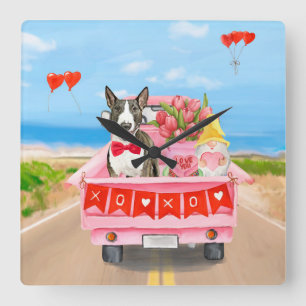 Bull Terrier Dog Valentine's Day Truck Hearts Square Wall Clock