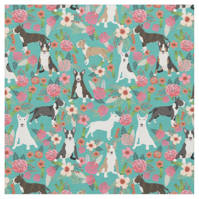 Bull Terrier dog vintage florals turquoise Fabric (Close Up)