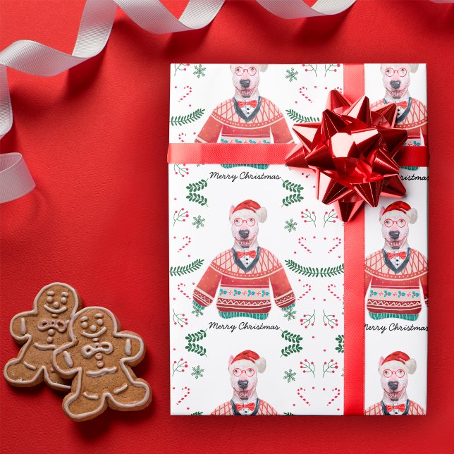 Bull Terrier Dog Wearing Christmas Sweater Festive Wrapping Paper (Creator Uploaded)
