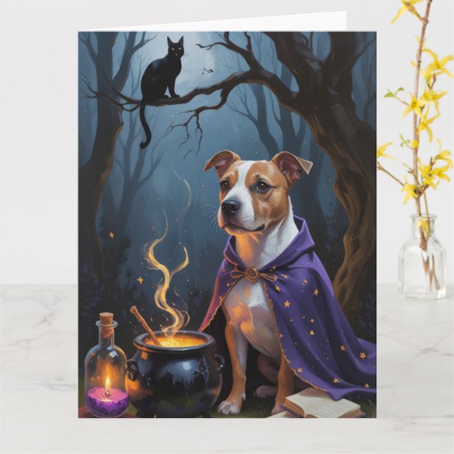 Bull Terrier Dog Whimsical Halloween Painting Card (Yellow Flower)