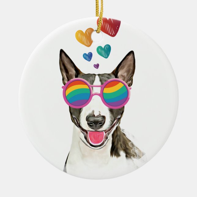 Bull Terrier Dog with Hearts Valentine's Day  Ceramic Tree Decoration (Front)