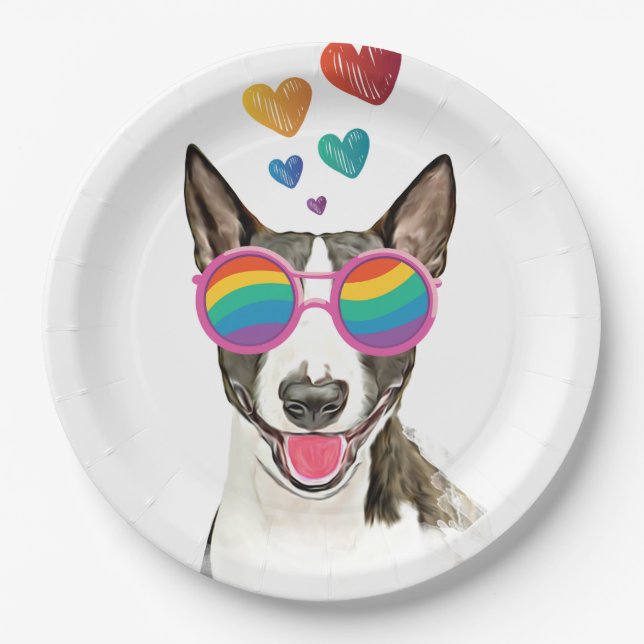 Bull Terrier Dog with Hearts Valentine's Day Paper Plate (Front)