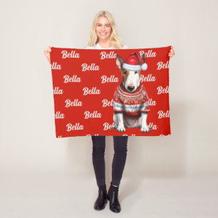 Bull Terrier Dog with Name Patterned Christmas Fleece Blanket