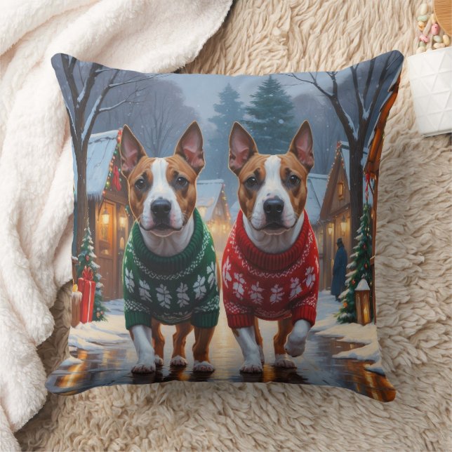 Bull Terrier Dogs Christmas Snow Holiday Cushion (Blanket)