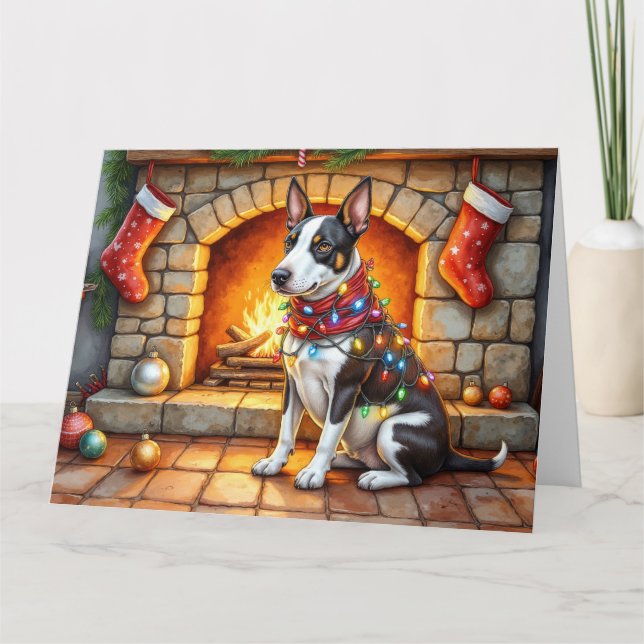 Bull Terrier Fireplace with Christmas Lights Card (Front)