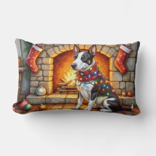 Bull Terrier Fireplace with Christmas Lights Lumbar Cushion