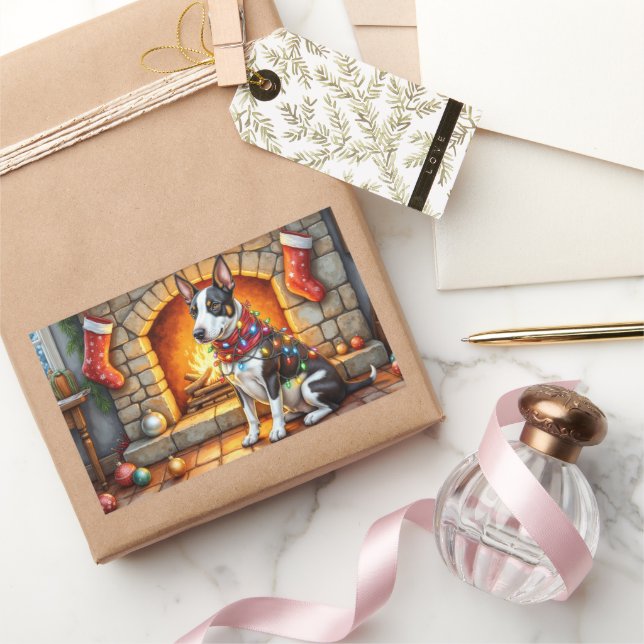 Bull Terrier Fireplace with Christmas Lights Rectangular Sticker (Gifting)