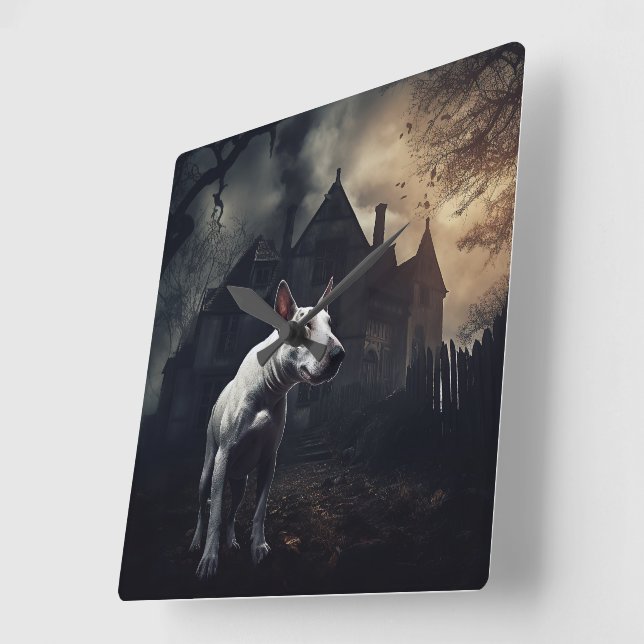 Bull Terrier Halloween Scary Square Wall Clock (Angle)