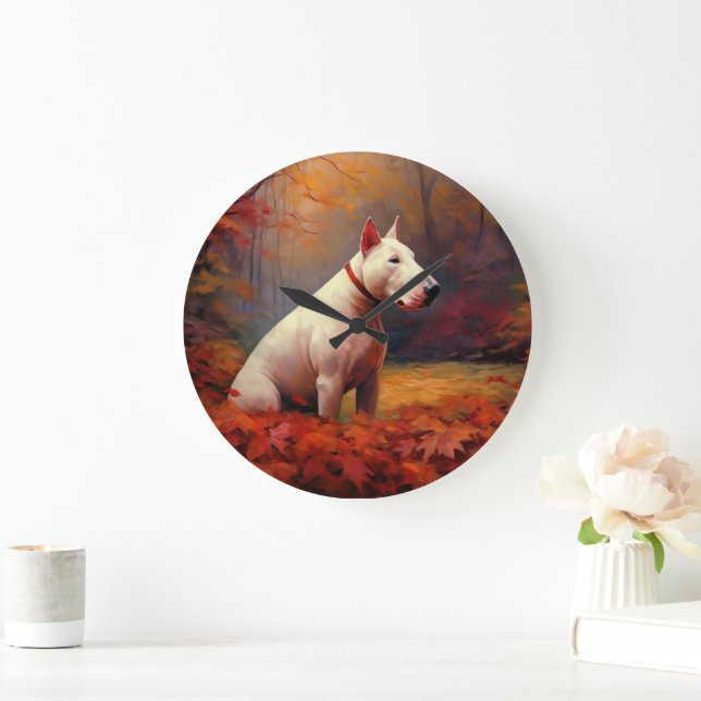 Bull Terrier in Autumn Leaves Fall Inspire  Large Clock (Home)