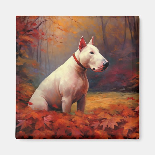 Bull Terrier in Autumn Leaves Fall Inspire  Magnet (Front)