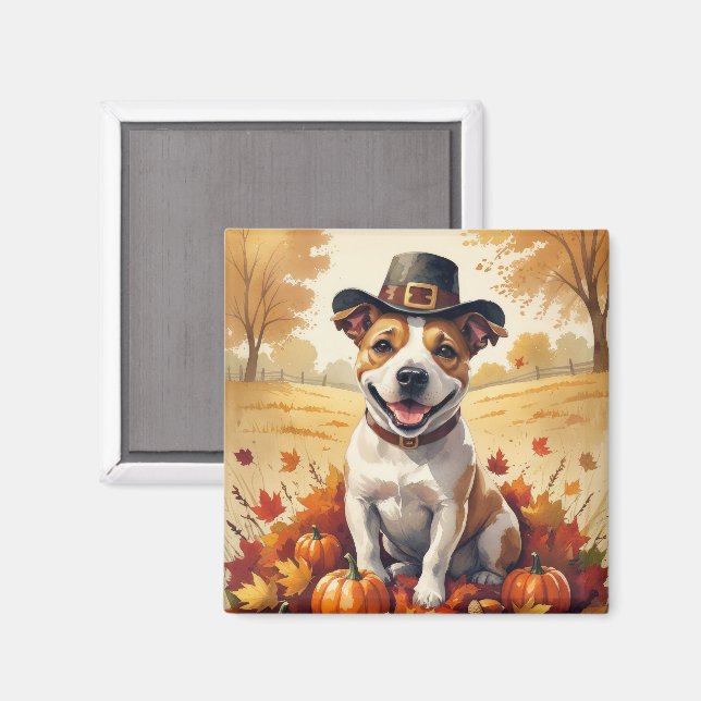 Bull Terrier In Autumn Leaves Thanksgiving Art Magnet (Front/Back)