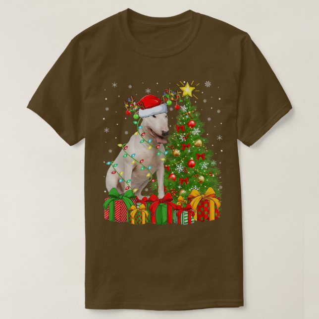 Bull Terrier Lighting Xmas Tree Santa Bull Terrier T-Shirt (Design Front)