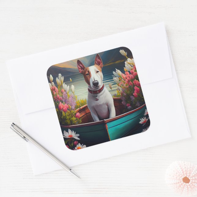 Bull Terrier on a Paddle: A Scenic Adventure Square Sticker (Envelope)