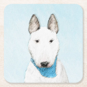 Bull Terrier Painting - Cute Original Dog Art Square Paper Coaster