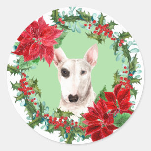 Bull Terrier Poinsettia Holly Christmas Wreath Classic Round Sticker