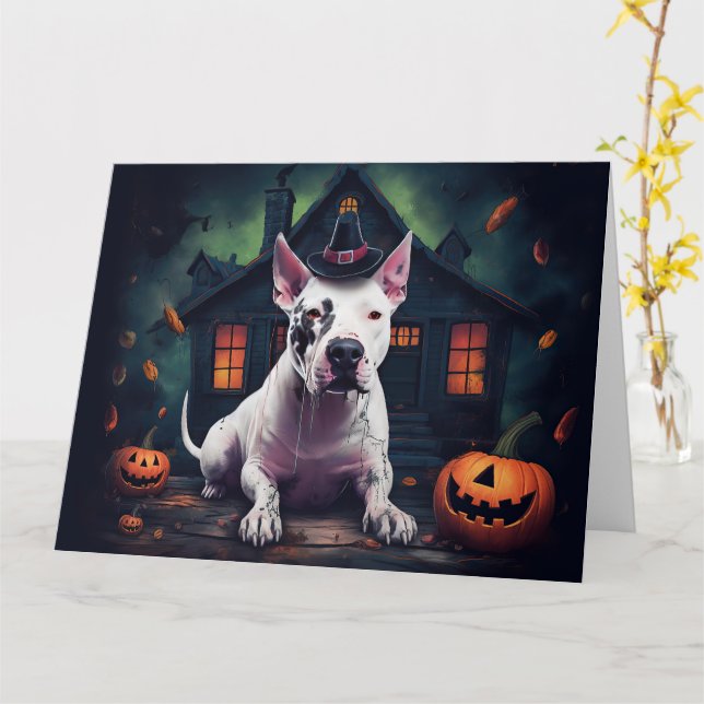 Bull Terrier Pumpkins Halloween Scary Card (Yellow Flower)