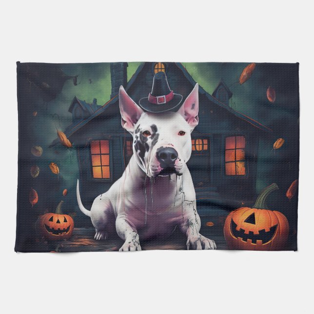 Bull Terrier Pumpkins Halloween Scary Tea Towel (Horizontal)