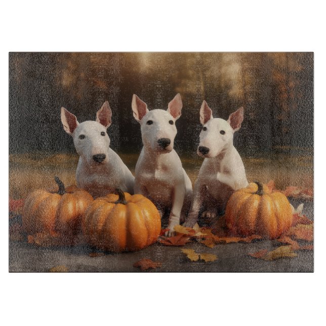 Bull Terrier Puppy Autumn Delight Pumpkin Cutting Board (Front)