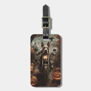 Bull Terrier Riding Motorcycle Halloween Scary Luggage Tag