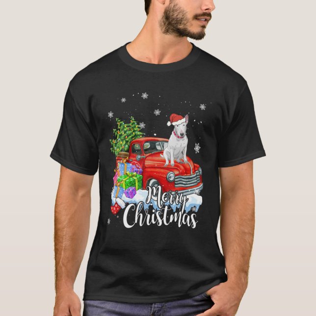 Bull Terrier Riding Red Truck Merry Christmas Xmas T-Shirt (Front)