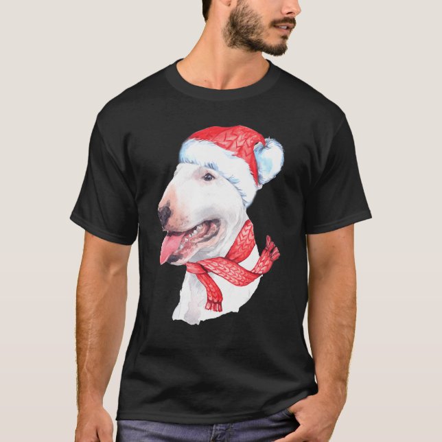 Bull Terrier Santa Hat Red Scarf Cute Dog Christma T-Shirt (Front)