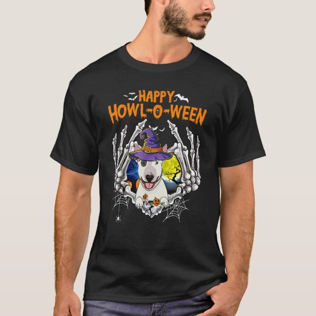 Bull Terrier Skeleton Heart Happy Howl O Ween Cost T-Shirt (Front)