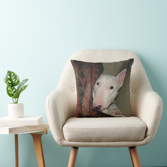 Bull Terrier Snuggled Under a Blanket Throw Pillow (Chair)