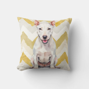 Bull Terrier Watercolor Zigzag Pattern Art Cushion