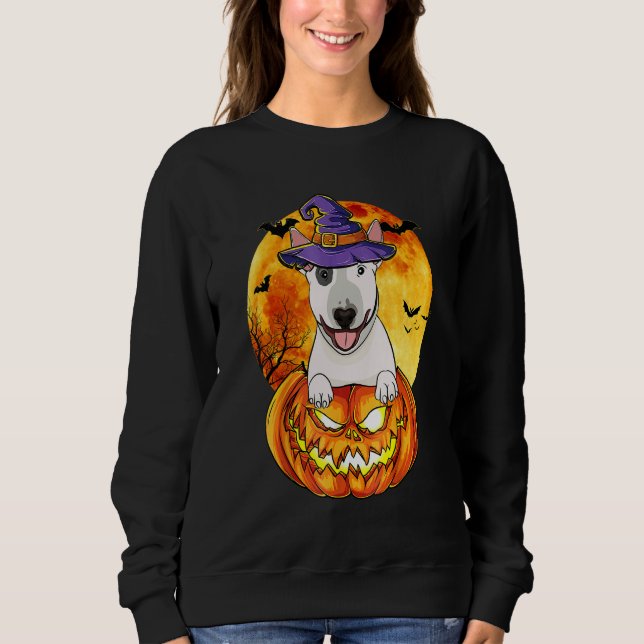 Bull Terrier Witch Pumpkin Halloween Dog Sweatshirt (Front)