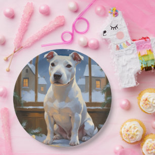 Bull Terrier with Christmas Lights Holiday Paper Plate