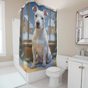 Bull Terrier with Christmas Lights Holiday Shower Curtain