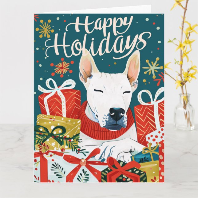 Bull Terrier with Gift Boxes Christmas Card (Yellow Flower)