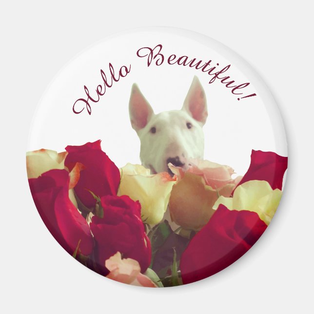 Bull terrier with roses greeting - Hello Beautiful Magnet (Front)