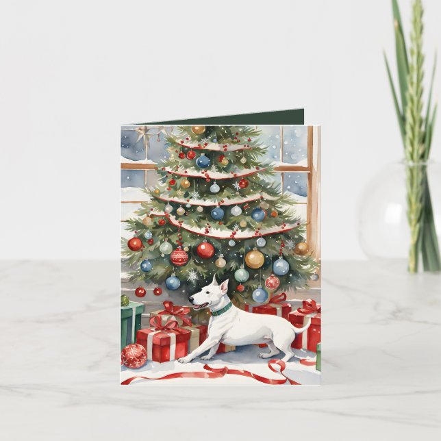 Bull Terrier's Festive Frolic Christmas Card (Front)
