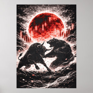 Bull vs Bear Market in Red Moon Forest - Japanese  Poster