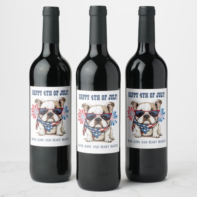 Bulldog 4th July Independence Day Red White Blue Wine Label (Bottles)