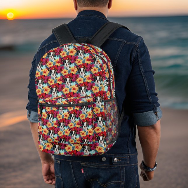 Bulldog and Tropical Red Orange Hibiscus Patterh Printed Backpack (Creator Uploaded)