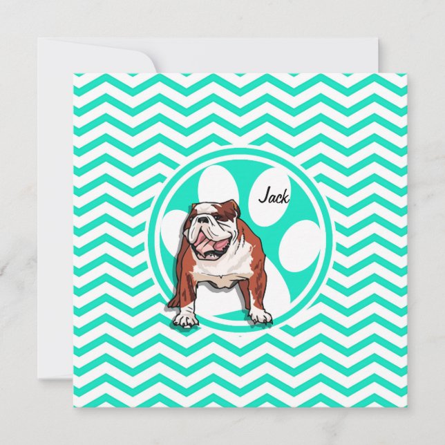 Bulldog; Aqua Green Chevron Invitation (Front)