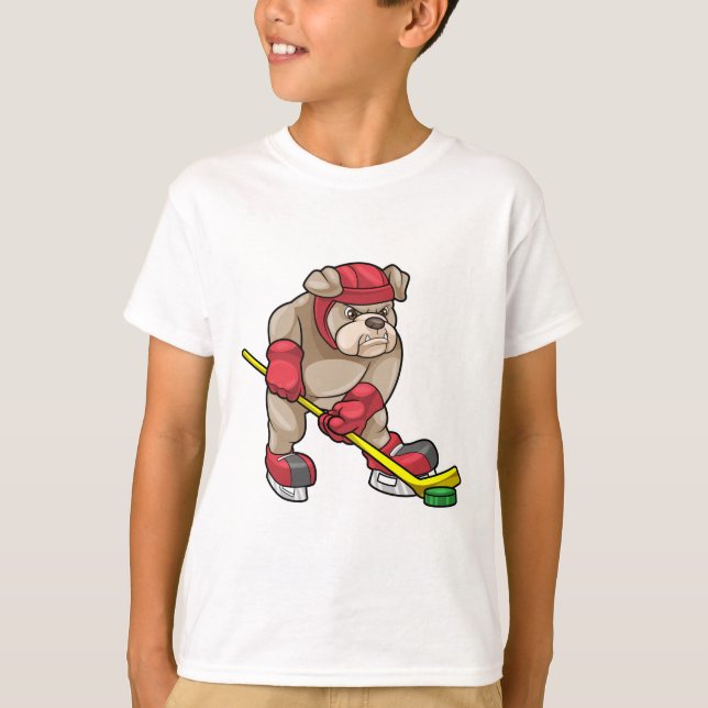 Bulldog at Ice hockey with Hockey stick T-Shirt (Front)