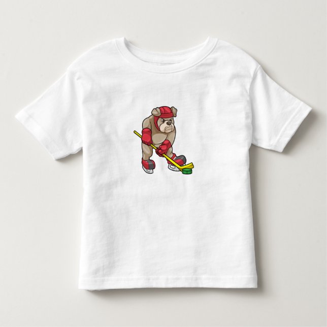 Bulldog at Ice hockey with Hockey stick Toddler T-Shirt (Front)