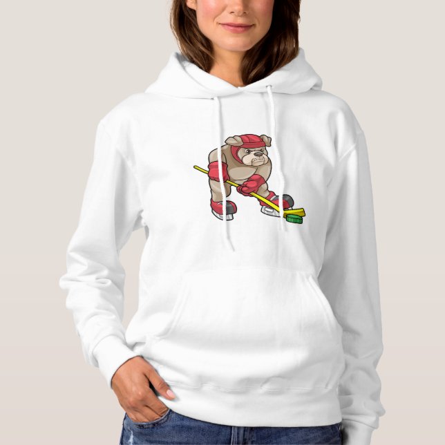 Bulldog at Ice hockey with Ice hockey stick Hoodie (Front)